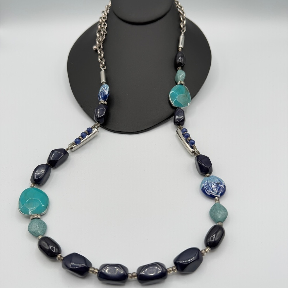 Chico's Blue and Silver Necklace with Asymmetrical Beads
